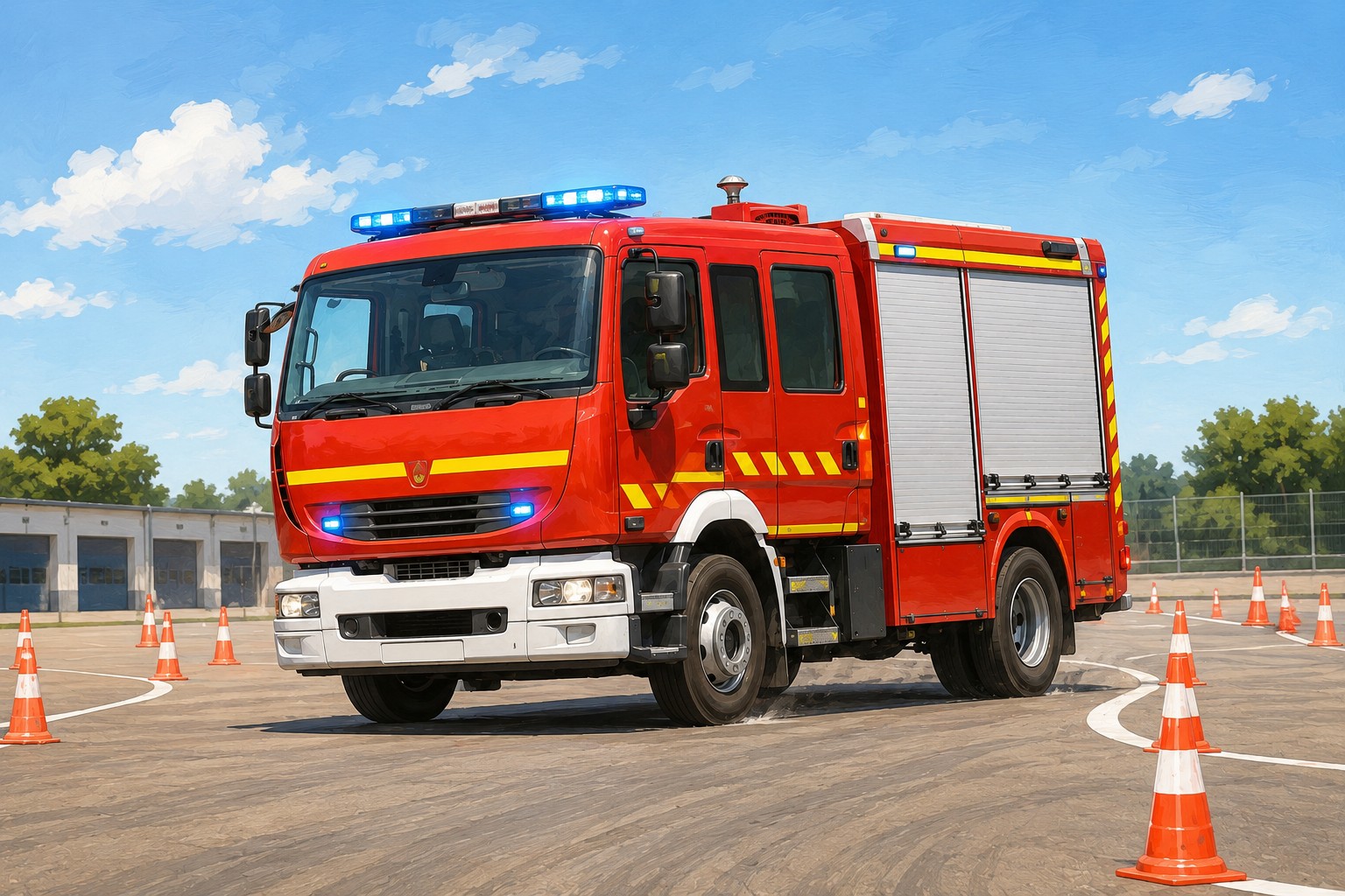Camión bomba urbana ligera en maniobra de zigzag entre conos